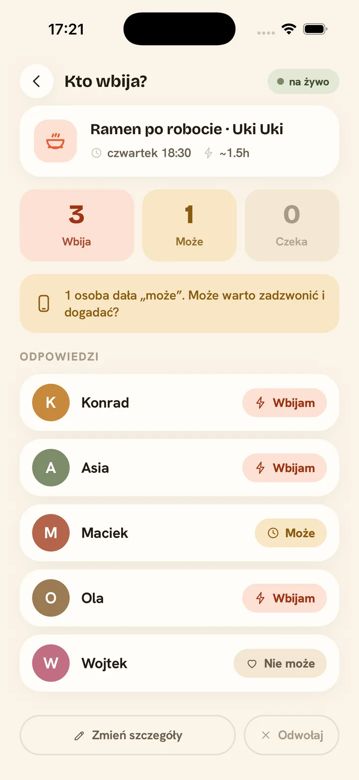 Ekran „Kto wbija?” w aplikacji Wbijam: trzy osoby wbijają, jedna może, odpowiedzi widać na żywo