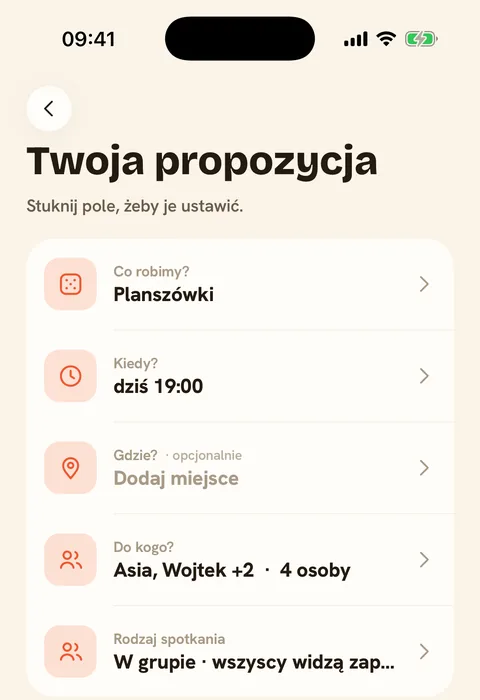 Ekran „Twoja propozycja” w aplikacji Wbijam: pola co robimy, kiedy, gdzie i do kogo
