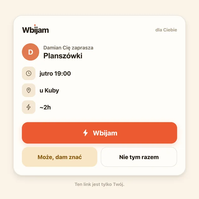 Strona zaproszenia otwarta w przeglądarce: Damian Cię zaprasza na planszówki jutro o 19:00, przyciski Wbijam, Może albo Nie tym razem